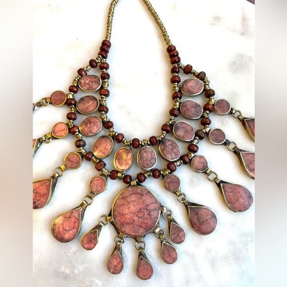 Pink Afghan Kuchi Necklace/ Handmade Pink Colored Stone Beaded Necklace/Boho - Picture 8 of 14